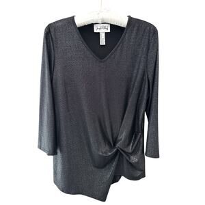 JOSEPH RIBKOFF Black Metallic Twist Front Top V Neck 3/4 Sleeve Glam | Size 12